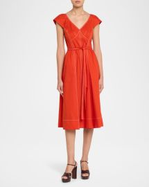 Jason Wu Collection Cap Sleeve V Neck Belted Bustier Midi Dress at Neiman Marcus
