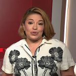 Gilma Avalos's white and black floral print shirt on NBC News Daily Gilma Avalos's white and black floral print shirt on NBC News Daily